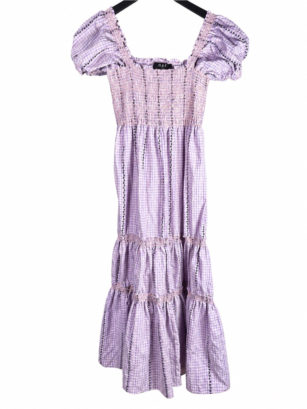 O.p.t Lavender Gingham Smocked Puff Sleeve Tiered Maxi Dress Size L
